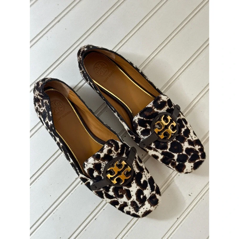 Tory Burch Metal Miller 15 mm Loafers Women 6M Brown Leopard Calf Hair Gold Logo